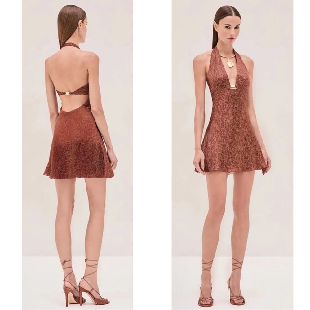 ALEXIS Zari Polkadot Halterneck Brown Sienna Dot Mini Dress Size Medium
